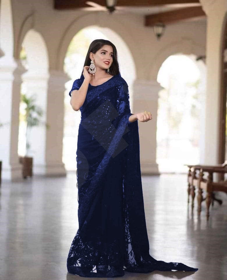 Navy Blue Soft Net Sequence Work Saree