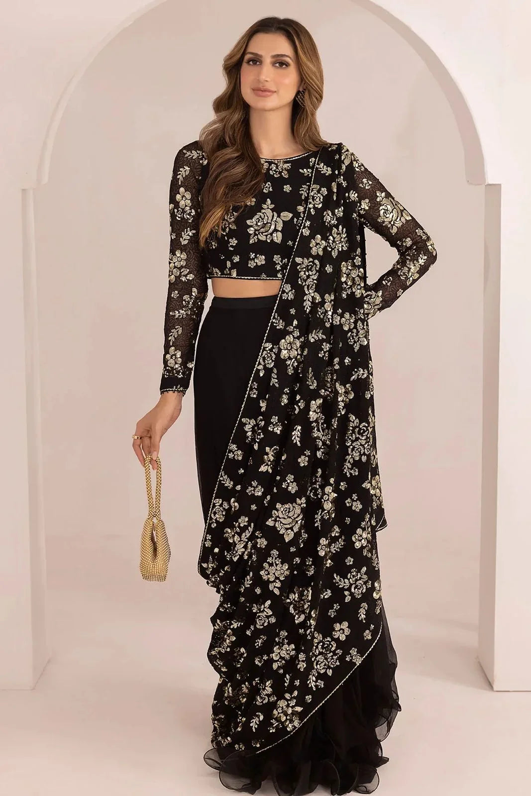 Jazmin Embroidered Chiffon Saree SR 5043 Black