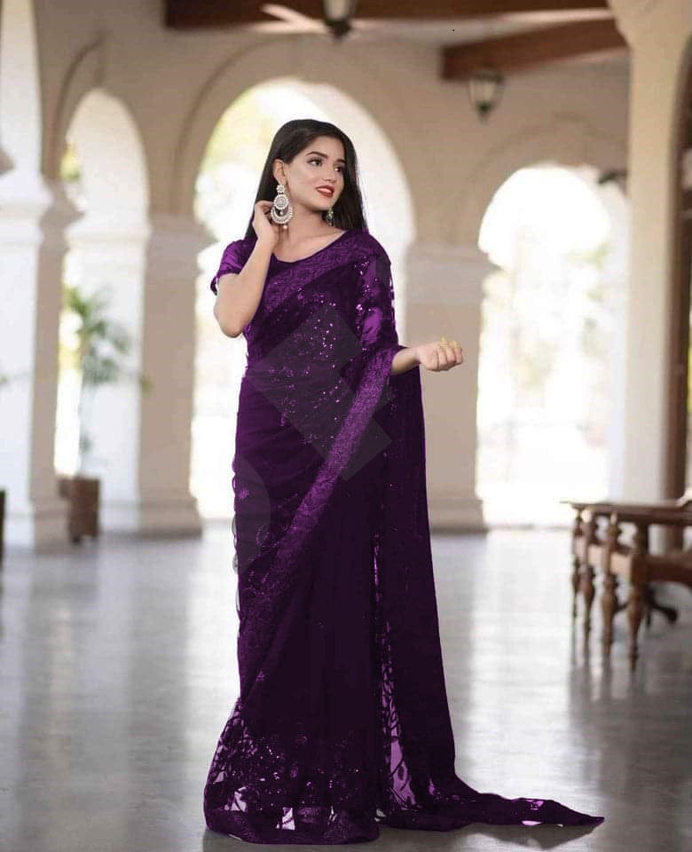 Dark Purple Soft Net Sequence Work Saree