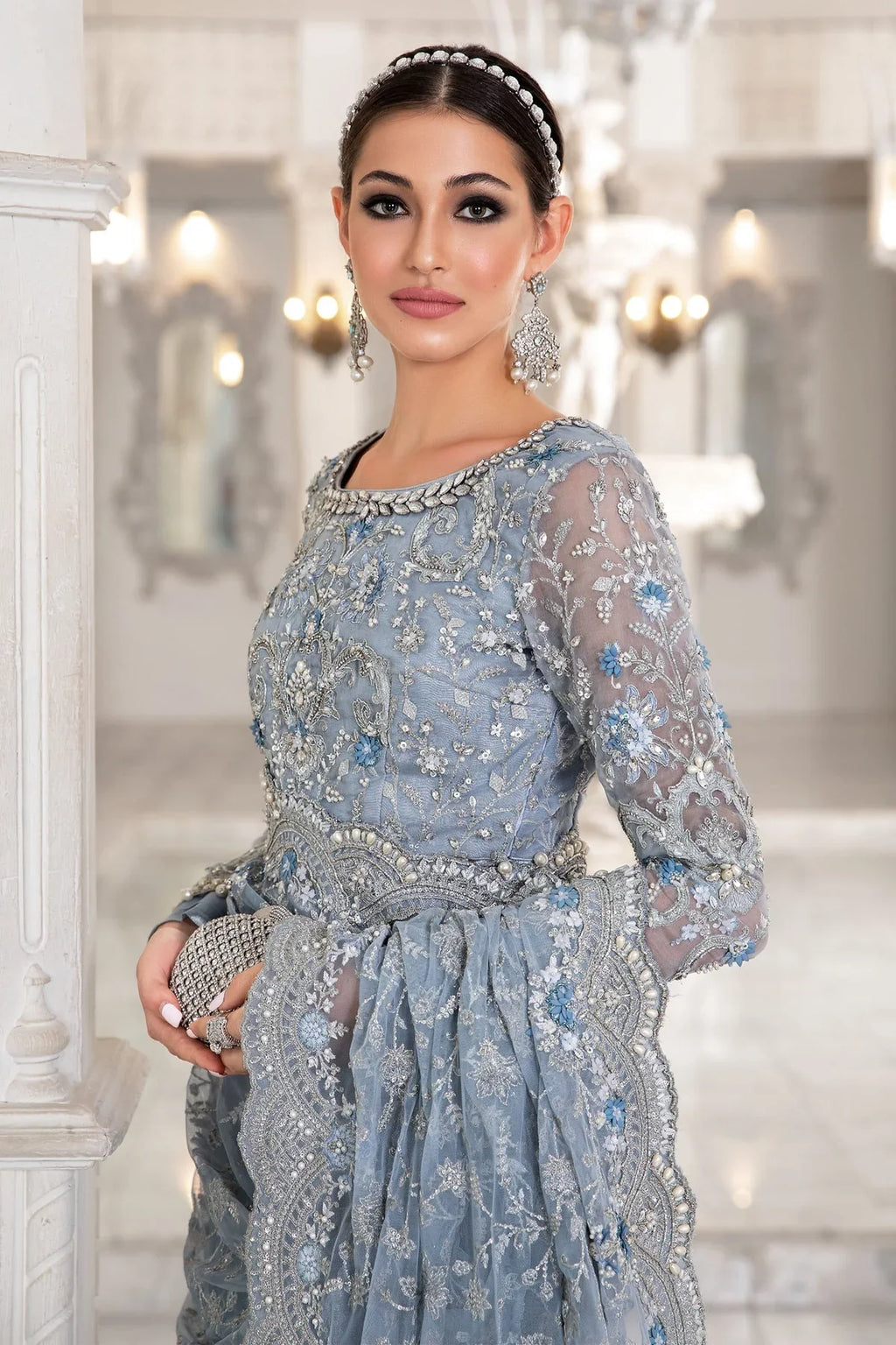 Maria B Ice Blue Exclusive Net Saree SR 5011
