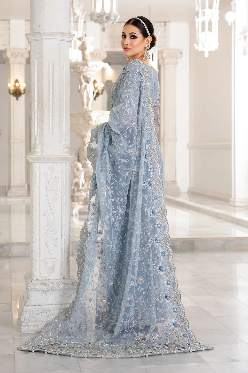 Maria B Ice Blue Exclusive Net Saree SR 5011