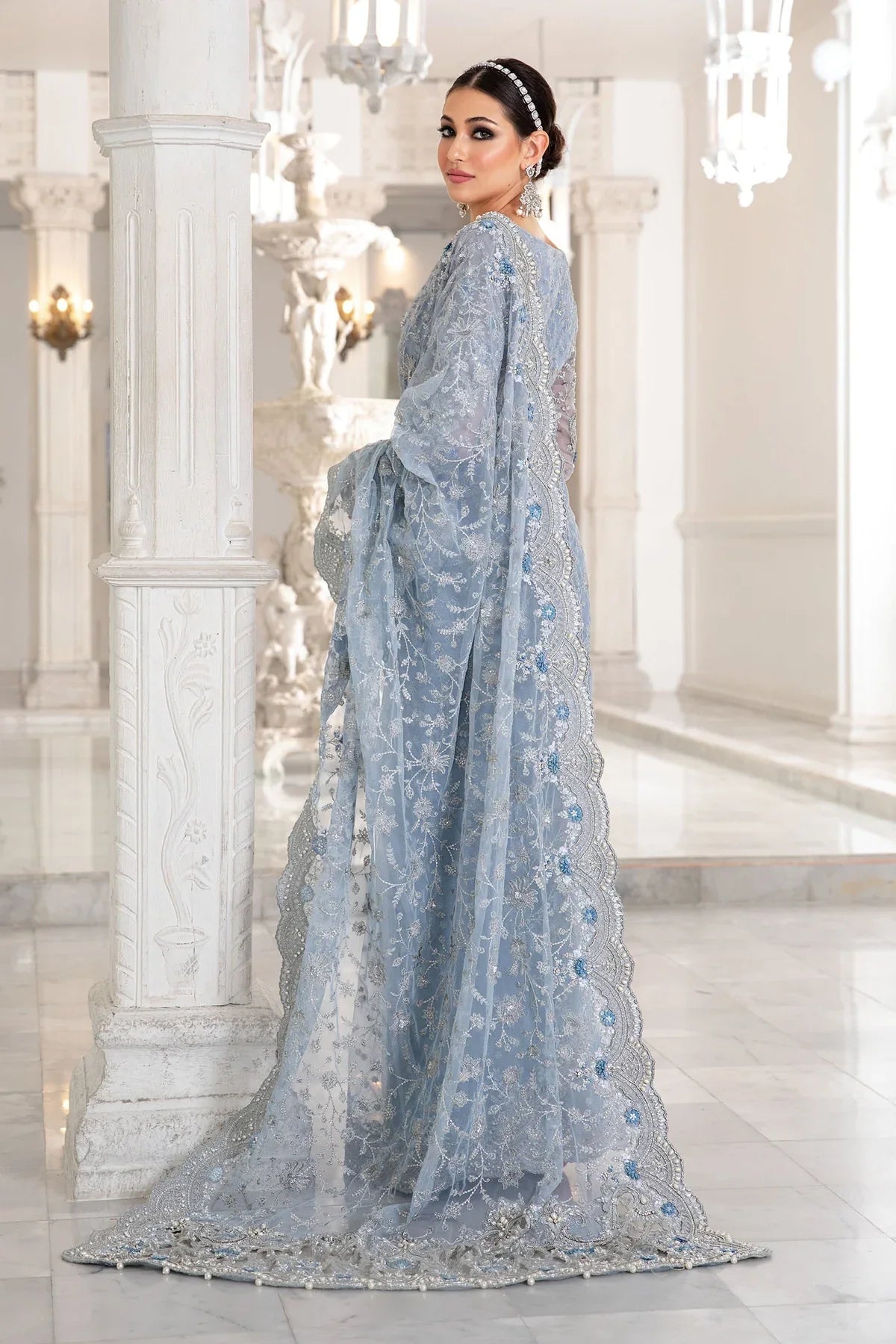 Maria B Ice Blue Exclusive Net Saree SR 5011